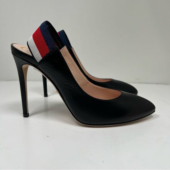 GUCCI WEB SLINGBACK BLACK LEATHER 3.25" HEELS PUMP SHOES 38.5 / US 8.5 - Picture 2 of 10